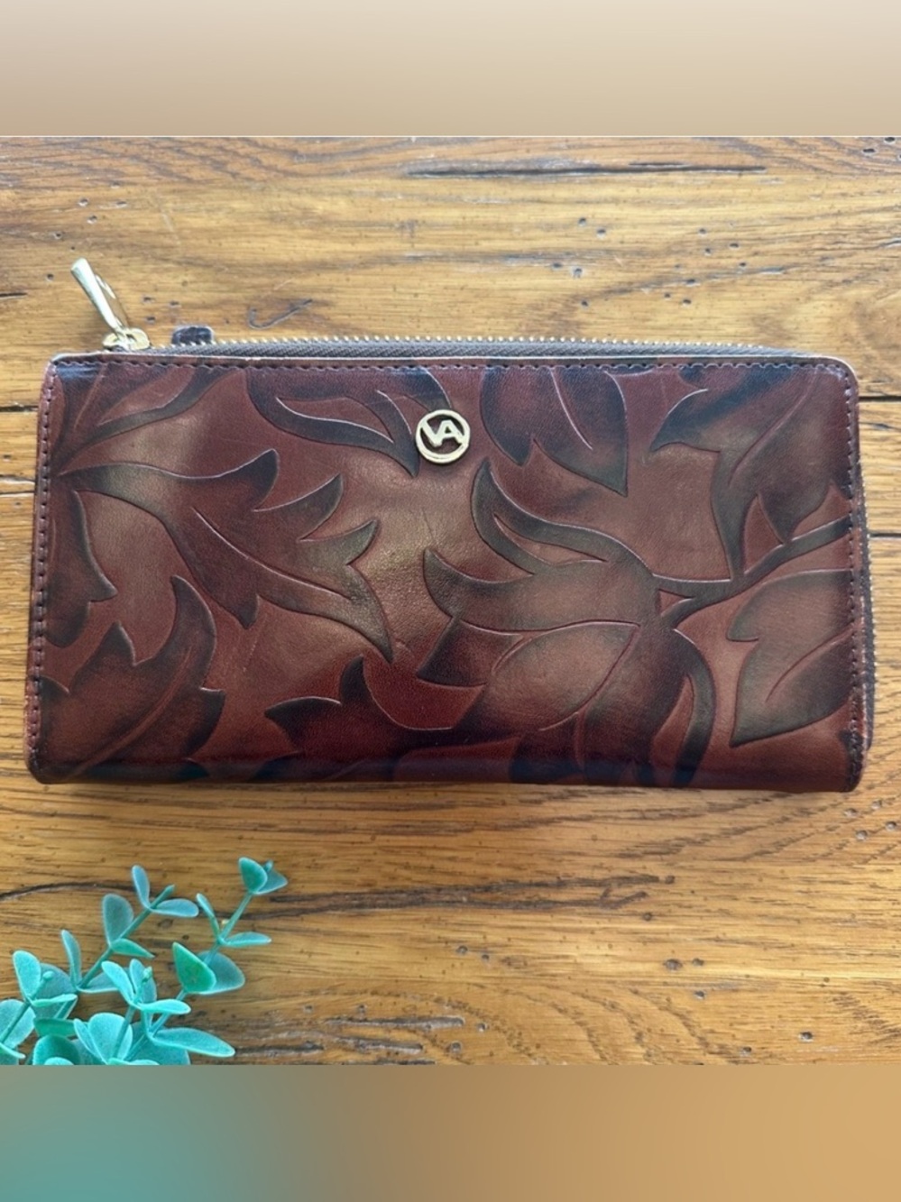Valentina Embossed Leather Zip Around Wallet with a Leaf Motif Pattern in Brown